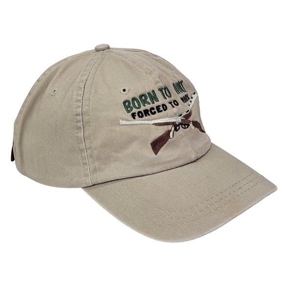 Born to Hunt Forced to Work Hat Hunting Cap Dad Slouch Leather Strap Humor Beige - Picture 3 of 7